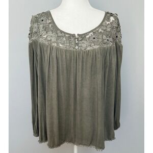 POL Women's Small‎ Olive Green Boho Floral Lace Long Sleeve Blouse Top Oversized